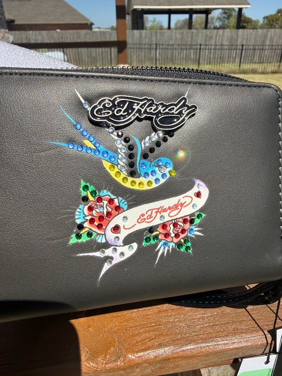 NWT Ed Hardy Black Wallet with Colorful Tattoo Art Rhinestone - Picture 5 of 5